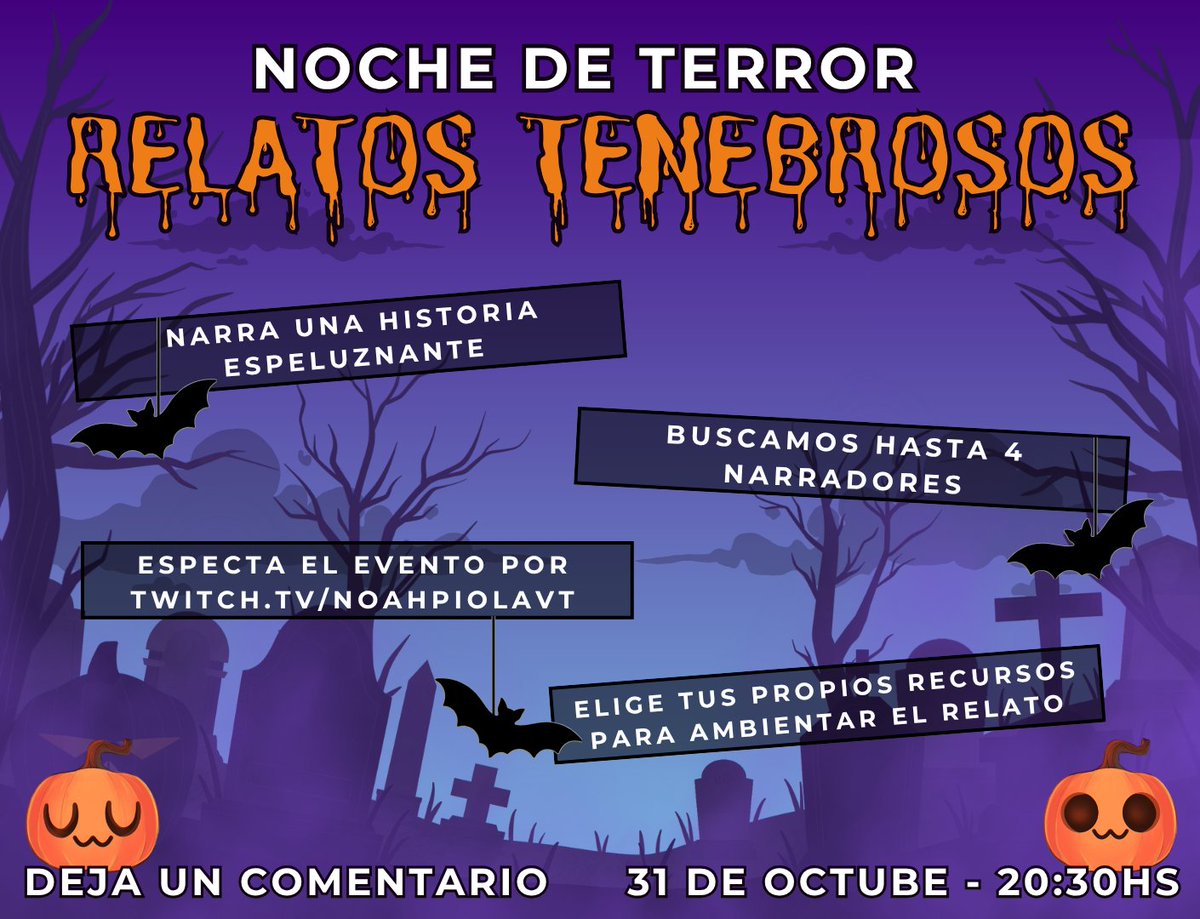 🎃NOCHE DE TERROR - RELATOS TENEBROSOS🎃

El próximo viernes, 31 de octubre 20:30 (Arg), VTubers de la comunidad narrarán historias espeluznantes.

Ya sea una anécdota sobrenatural, una historia de terror original o un relato inquietante de internet, ¡queremos escucharte!

🔸