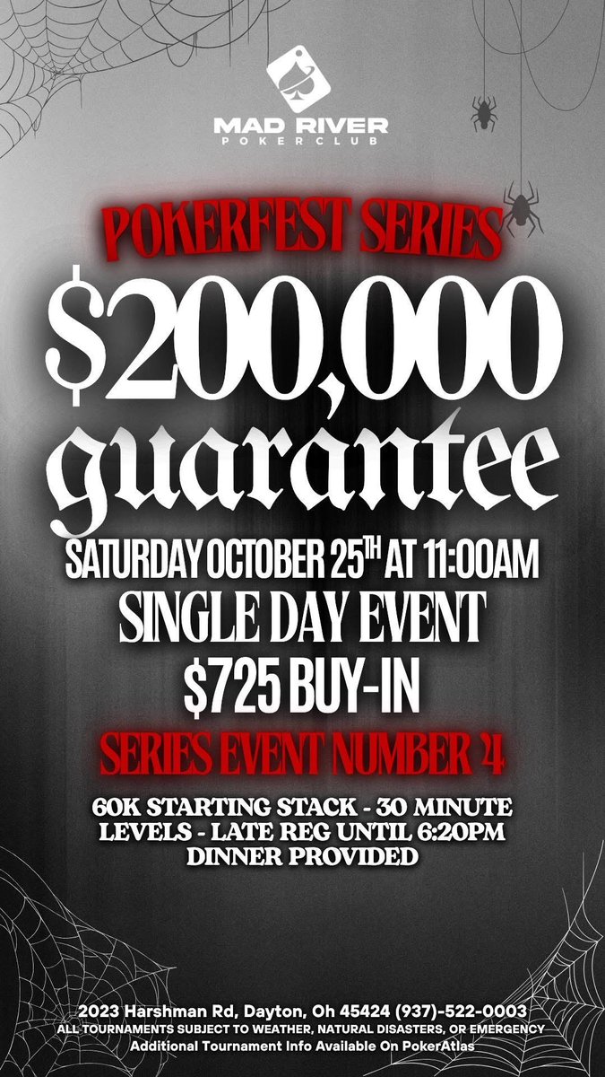 The fine folks in Dayton <a href="/mad_river_poker/">Mad River Poker Club</a> are having a MASSIVE week of events! ⬇️ 

50 seats GTD to the $200K In a Day in TONIGHT’s Mystery Mega Milestone at 7pm! 
Oct 23rd - $30,000 GTD Tag Team &amp; Costume Contest for Tag Team players! Winning team wins 2 seats