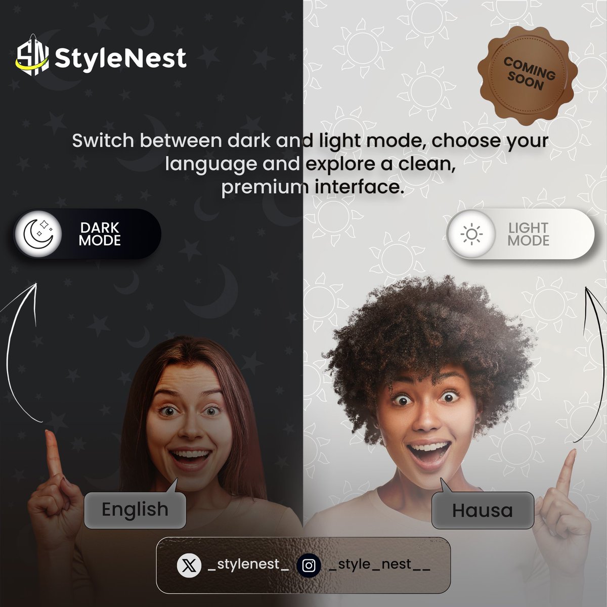 _stylenest_'s tweet photo. ✨Coming Soon✨

Your style, your way! 🌙☀️

Switch between Dark &amp; Light Mode, choose your language, and enjoy a sleek, premium interface all with StyleNest. 👗💫

#StyleNest #ComingSoon #DarkMode #LightMode #FashionApp #UIUXDesign #StyleYourWay #TechInStyle https://t.co/pdHBcC5WKg