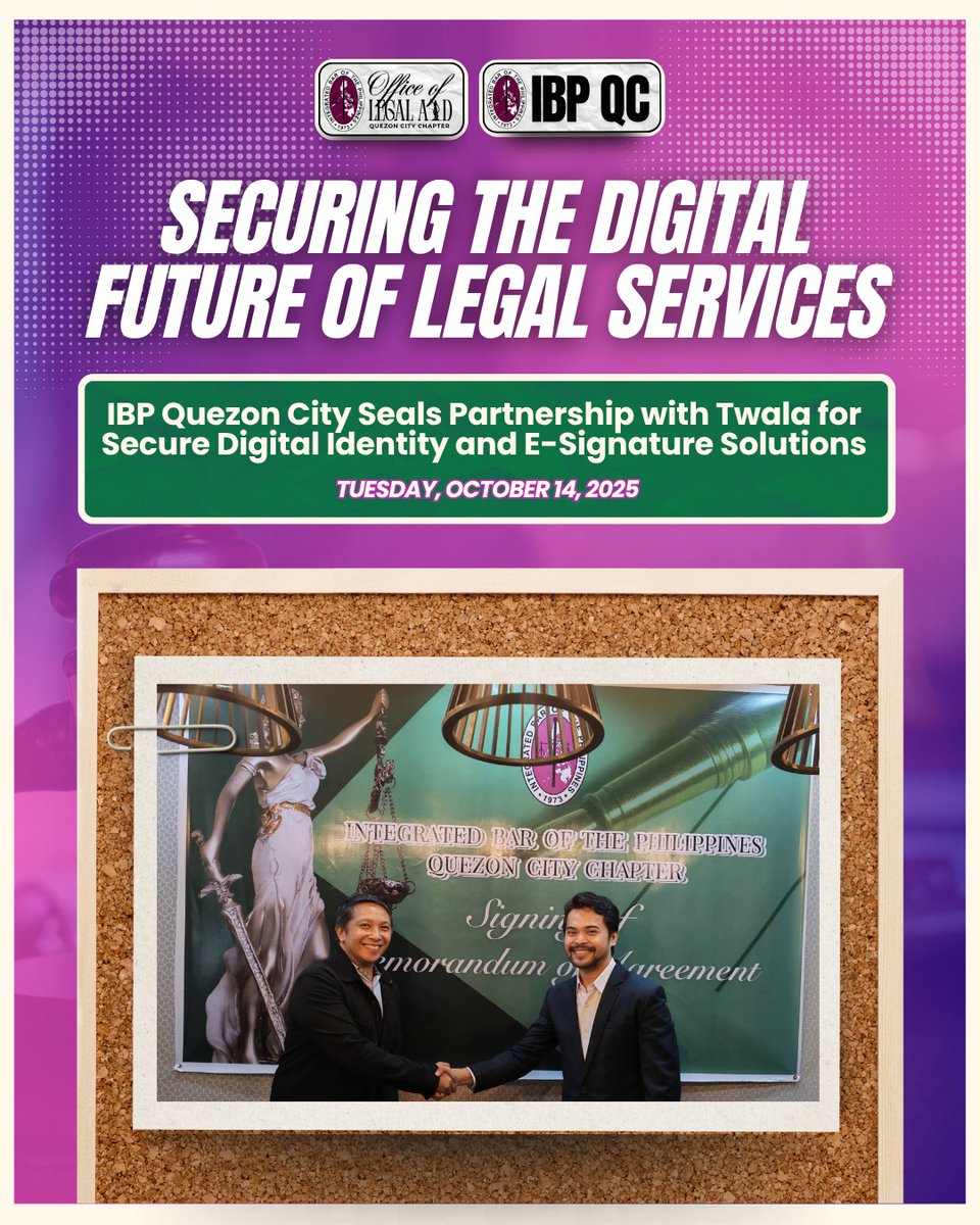 IBP_NCLA's tweet image. IBP Quezon City
October 14, 2025

IBP Quezon City takes the lead in embracing digital tools that make legal processes more secure, accessible, and efficient through its partnership with Twala Digital Signature Platform.

#IBPNCLA
#ServeTheCountryHailTheIBP
#IBPLegalAid