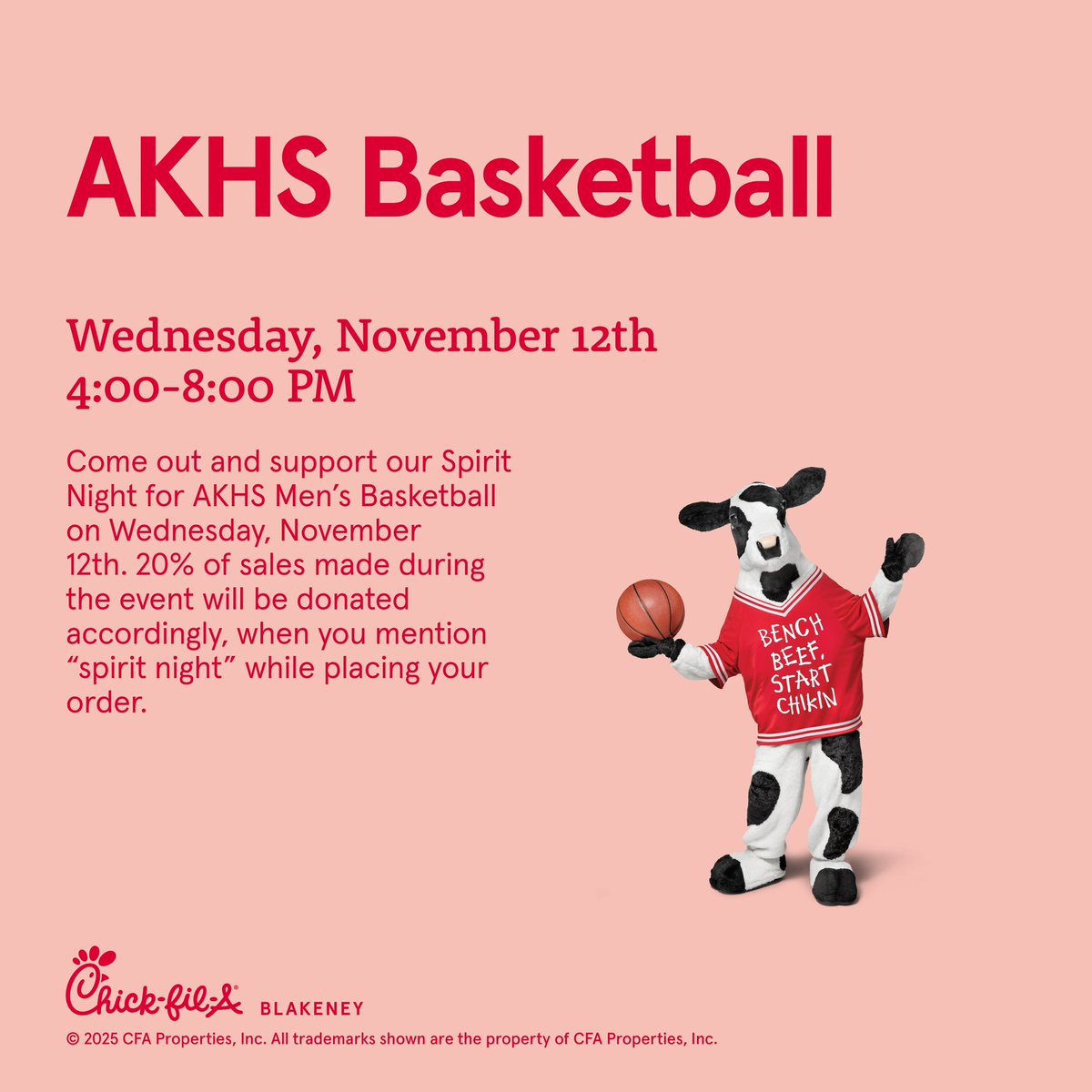 Mark your calendars! Nov 12 <a href="/BlakeneyCFA/">Chick-fil-A Blakeney</a> come support AK basketball!