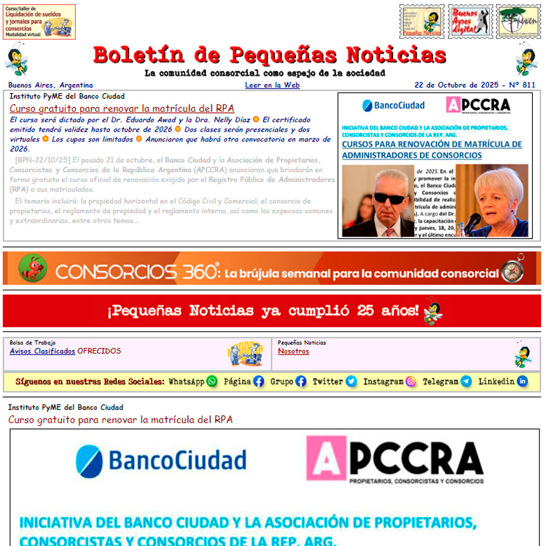 pekenasnoticias's tweet image. ¡¡¡ Ya salió publicado el Boletín de Pequeñas Noticias Nº 811 con información importante para los administradores !!!
tinyurl.com/5erkym8e
(25 años informando a la comunidad consorcial)
---
#Consorcistas #Administradores #Consorcios #Paritarias #Encargados #Inquilinos #Medios
