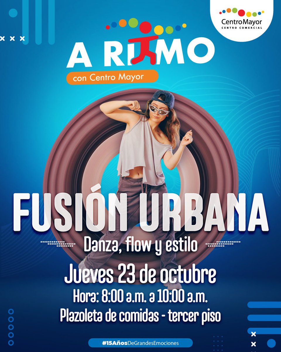 Ven y disfruta de una mañana llena de dance, flow y estilo con nuestra clase de Fusión Urbana.
🗓️ Jueves 23 de octubre
🕗 8:00 a.m. a 10:00 a.m.
📍 Plazoleta de comidas – tercer piso

¡Prepárate para moverte al ritmo de las Grandes Emociones! 💥
#ARitmoConCentroMayor