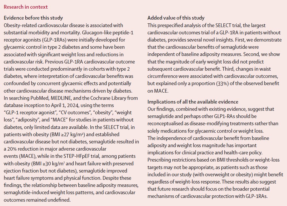 TheLancet's tweet image. A new analysis of the SELECT trial confirms semaglutide lowers the risk of major heart problems in people who are overweight or obese and already have heart disease, even if they don’t have diabetes.

Explore the research 👉 hubs.li/Q03Prz070
