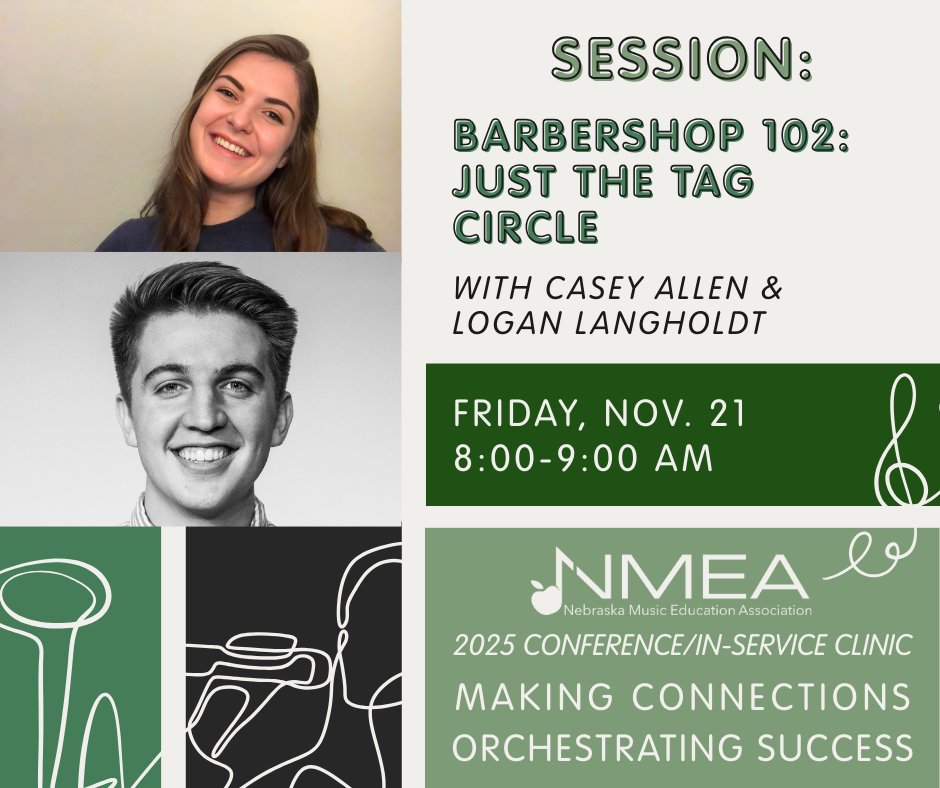 Barbershop 102: Just the Tag Circle🎶
Did Barbershop 101 give you the bug? Casey Allen &amp; Logan Langholdt will lead a hands-on tag singing session — learn dozens of tags and grow your ear.

Join us at the 2025 NMEA Conference/In-Service Clinic: nmeanebraska.org/2025-nmea-conf…