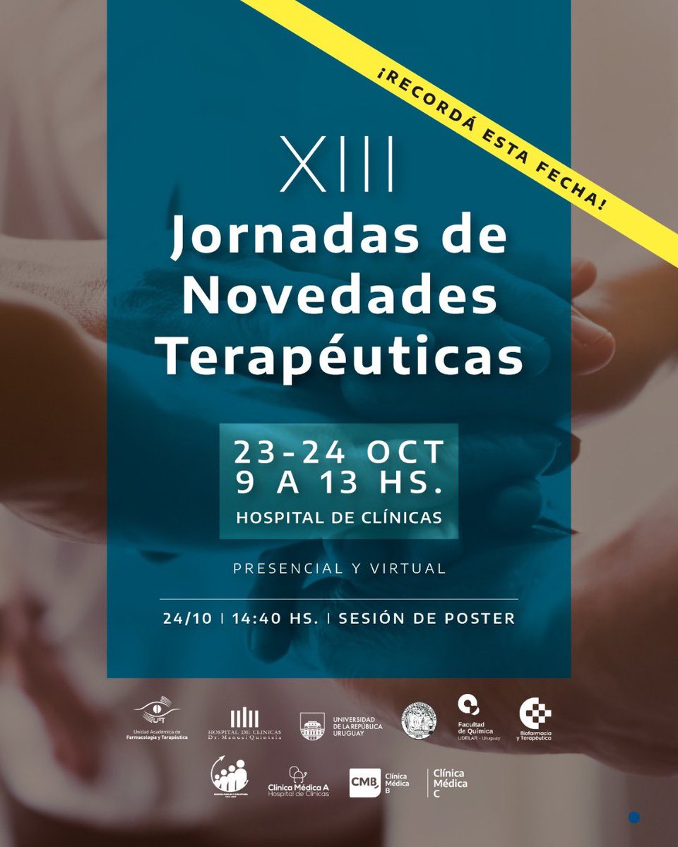 #MAÑANA 💊 𝗫𝗜𝗜𝗜 𝗝𝗼𝗿𝗻𝗮𝗱𝗮𝘀 𝗱𝗲 𝗡𝗼𝘃𝗲𝗱𝗮𝗱𝗲𝘀 𝗧𝗲𝗿𝗮𝗽𝗲́𝘂𝘁𝗶𝗰𝗮𝘀

🗓️ 23 y 24 de octubre, 9 a 13 horas
📍 Piso 19, <a href="/hcmquintela/">Hospital de Clínicas Dr. Manuel Quintela</a> 
👥 Modalidad híbrida

Organizan:
🔸 UA Farmacología y Terapéutica, FMed
🔸 Dpto. de Ciencias Farmacéuticas,
FQ