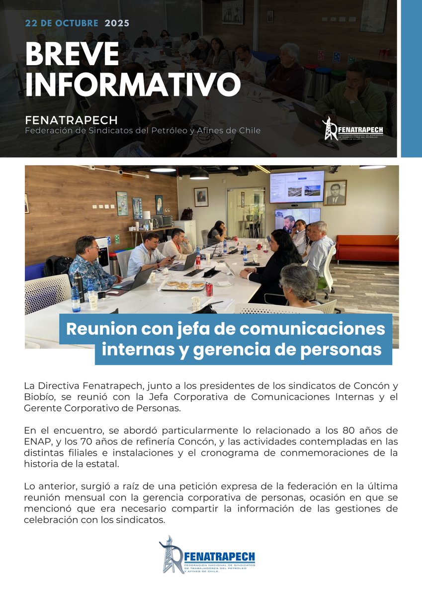 La Directiva Fenatrapech, junto a los presidentes de los sindicatos de Concón y Biobío, se reunió con la Jefa Corporativa de Comunicaciones Internas y el Gerente Corporativo de Personas. Revisa los detalles a continuación: