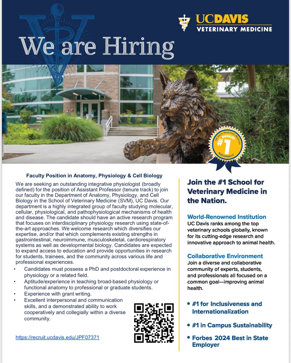 RogersLabUCD's tweet image. Our department @ucdavisvetmed @ucdavis is hiring! We welcome research that diversifies or complements existing strengths in gastrointestinal, neuroimmune, musculoskeletal, cardiorespiratory systems and/or developmental biology. @SocDevBio @ASCBiology
