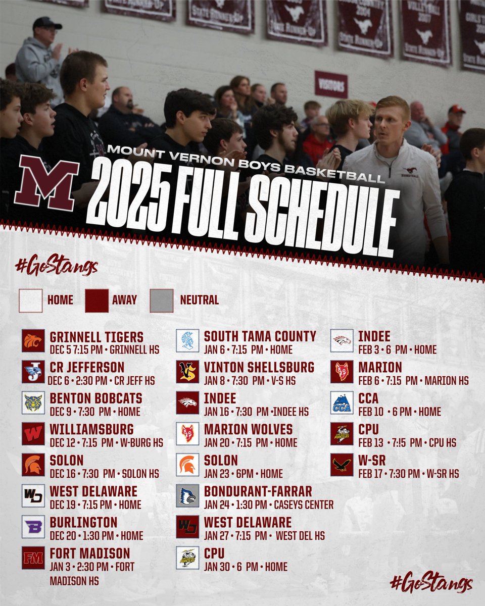 stangbball's tweet photo. 🚨BREAKING NEWS🚨

Basketball season  in MV is just around the corner and our 2025-2026 Schedule is here 

Important Dates:
December 5th: First Game @ Grinnell
December 20th Vs Burlington (Alumni Game) 
January 24th vs Bondurant In DSM
February 10th Senior Night vs CCA

#iahsbkb https://t.co/fBjFem1kam