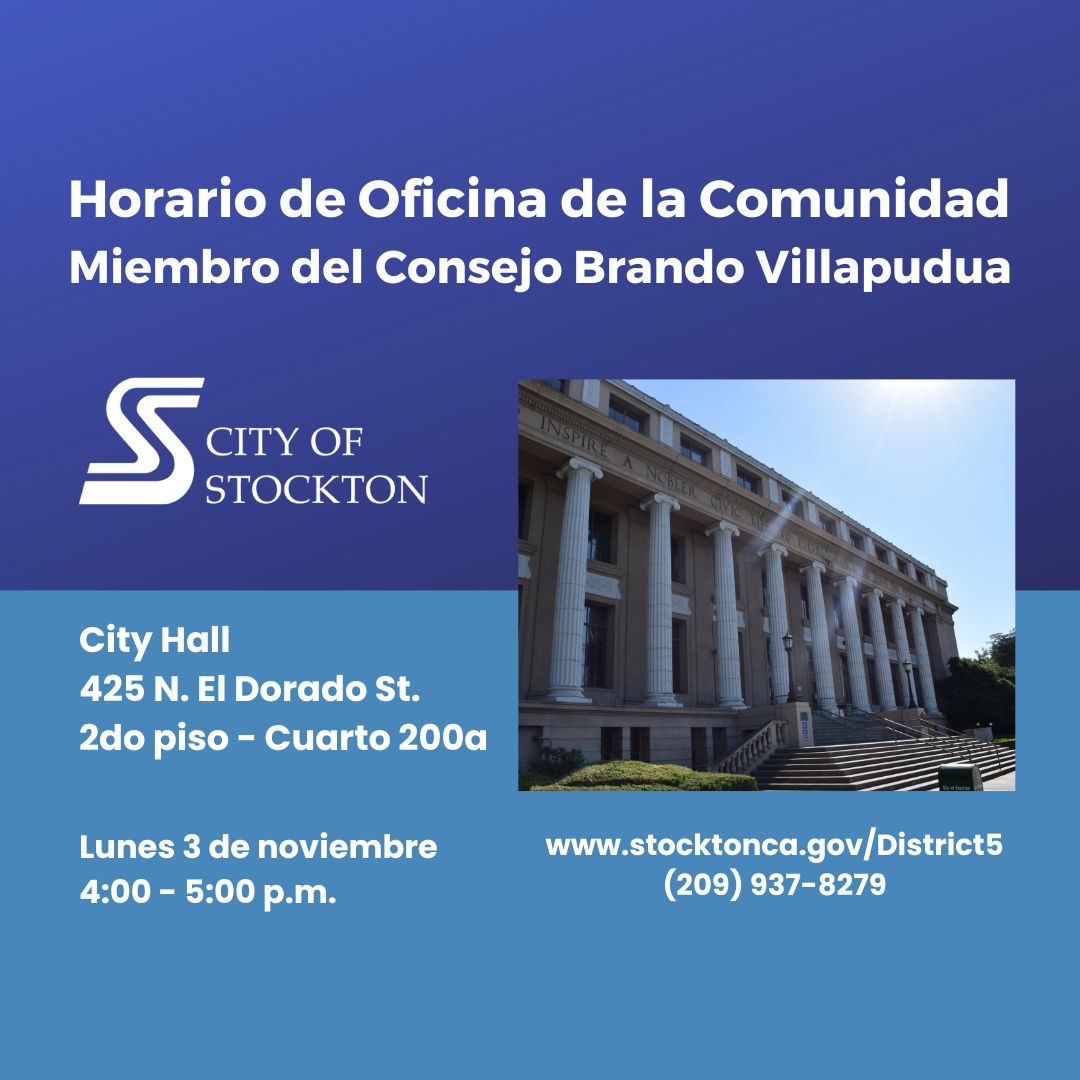 Join Councilmember Villapudua for a community office hour, Mon., Nov. 3, 2025, 4-5p, City Hall, 2nd floor. For appointment: (209) 937-8479. Details: stocktonca.gov/newsroom