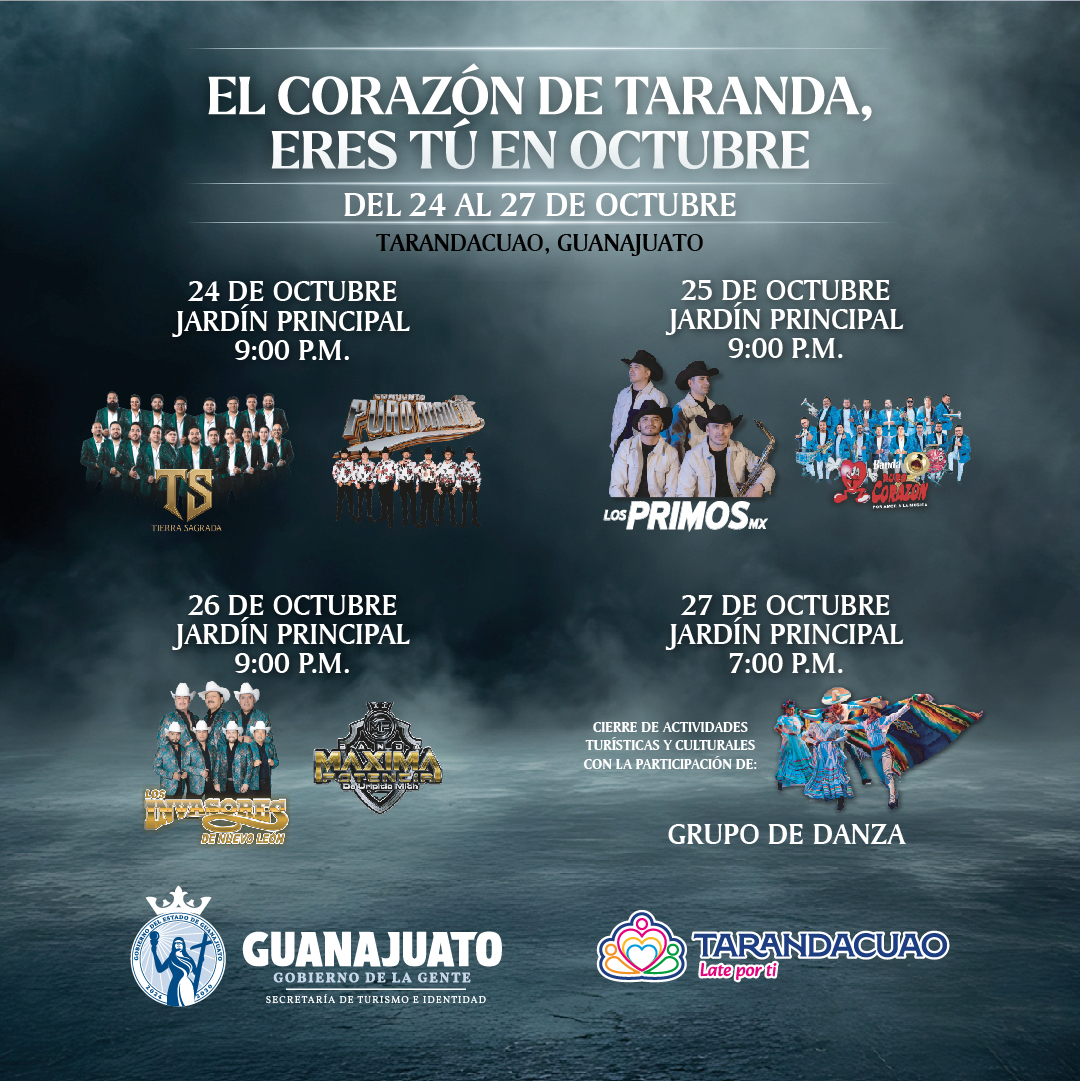🗓️¡Faltan 2 días! ven a celebrar las tradiciones en #Tarandacuao con 𝐄𝐥 𝐂𝐨𝐫𝐚𝐳𝐨́𝐧 𝐝𝐞 𝐓𝐚𝐫𝐚𝐧𝐝𝐚, 𝐞𝐫𝐞𝐬 𝐭𝐮́ 𝐞𝐧 𝐎𝐜𝐭𝐮𝐛𝐫𝐞 🥰 te esperamos hasta el 27 de octubre con conciertos y eventos culturales 🎶💃