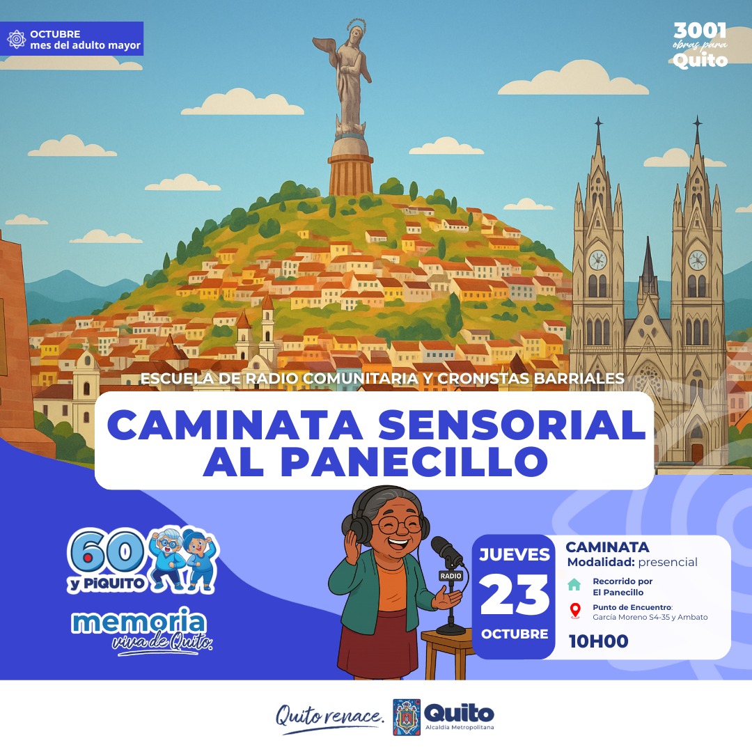 🧓🏼#QuitoTeCuida | Junto a las y los #60yPiQuito de la <a href="/ZonalmSaenz/">Zona Centro Quito</a> vive un recorrido guiado por los lugares emblemáticos de El Panecillo. Conoce cómo eran sus barrios y sus tradiciones desde la voz de sus cronistas barriales. 

🤓Aforo limitado.

#MemoriaVivaUIO 
#QuitoRenace