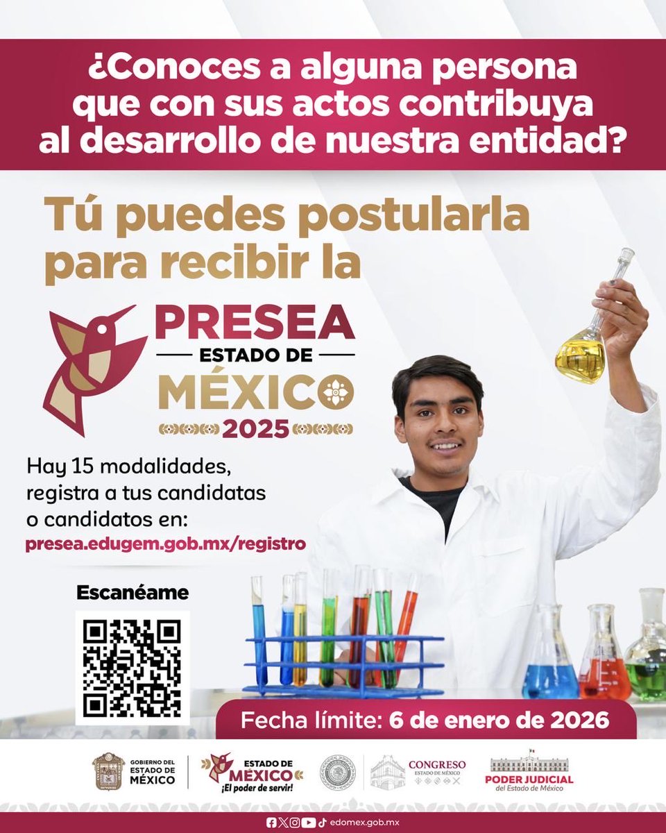 #ElPoderDeServir I En el #Edomex estamos buscando a las personas que, con su talento y esfuerzo, impulsan nuestra entidad. 

Registra a tu candidata o candidato para obtener la #PreseaEdoMex2025. 

Ingresa a: presea.edugem.gob.mx/registro, tienes hasta el 6 de enero de 2026. 

<a href="/Edomex/">Gobierno del Estado de México</a>