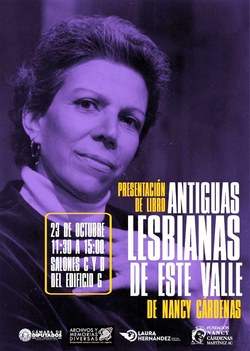 Este jueves 23 de octubre a la 11:00 am, en la Cámara de Diputados en San Lázaro, <a href="/MiguelAlonsoHe8/">Miguel Alonso Hernández Victoria</a>, <a href="/DipLauraDDHH/">Laura Hernández</a> y Lilia Cárdenas presentarán Antiguas lesbianas: poesía de Nancy Cárdenas, edición de <a href="/elma_madri58202/">Elena “ElMa” Madrigal</a>, publicada por <a href="/LibrosColmex/">Publicaciones de El Colegio de México</a>. Entrada por Emiliano Zapata.
💜👭