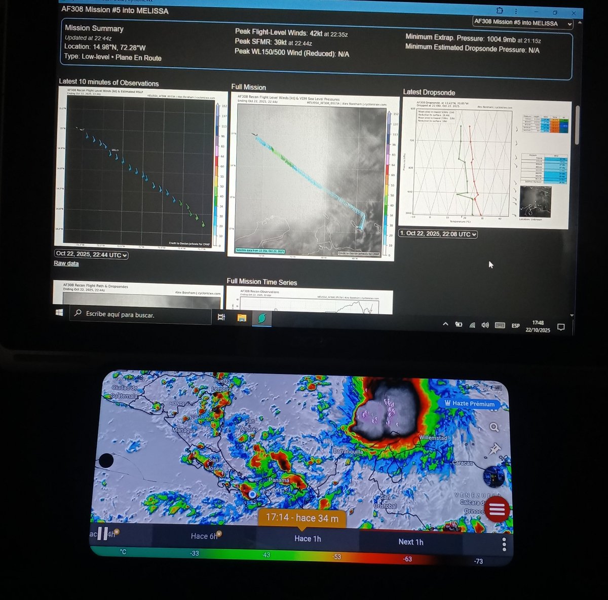 Estamos siguiendo de cerca al AF308 misión #5  que justo ahora esta recopilando datos en la tormenta tropical Melissa 📡⚠️
