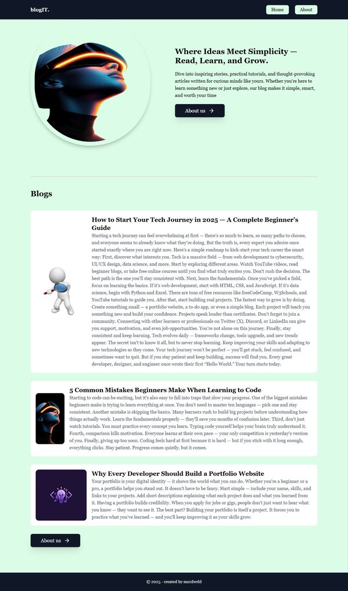 _heisms's tweet image. 💻 Day 28/100 — Built a Blog Website App!
Only the admin can add posts 🧑💻
Frontend: React + Tailwind
Backend: Node + Express
Database: Array 😄
#100DaysOfCode #ReactJS #NodeJS #CodingJourney #WebDev #FullStack
