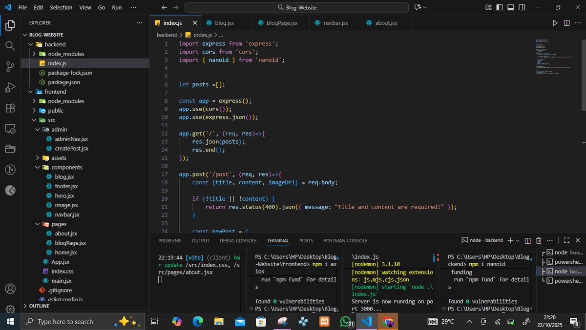 _heisms's tweet image. 💻 Day 28/100 — Built a Blog Website App!
Only the admin can add posts 🧑💻
Frontend: React + Tailwind
Backend: Node + Express
Database: Array 😄
#100DaysOfCode #ReactJS #NodeJS #CodingJourney #WebDev #FullStack