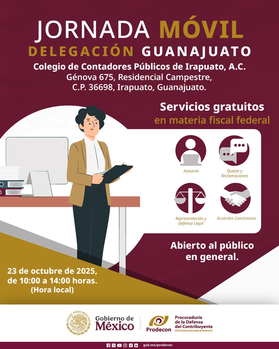 ¡Regresamos a #Irapuato! 

Los especialistas de #PRODECON, te brindarán orientación fiscal personalizada y gratuita⚖️, para resolver tus dudas o problemáticas en temas tributarios. 👩🏻‍💻👨🏽‍💻

 👥 ¡Te esperamos! No es necesario que agendes una cita. 🙌🏼

#PRODECONMásCercaDeTi