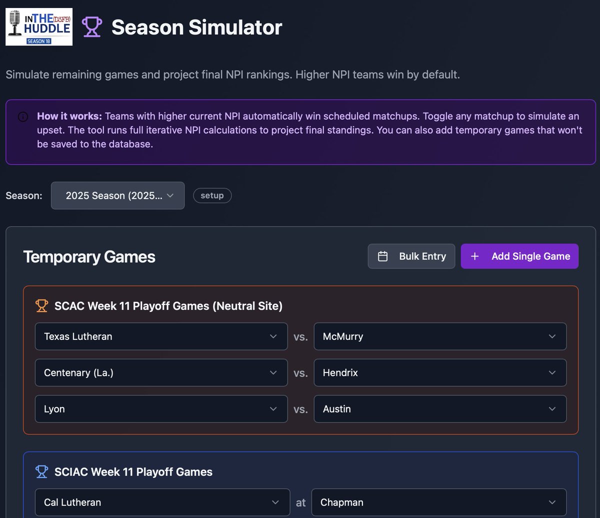 FrankRossi's tweet image. As @D3FBHuddle Crunchtime gets finished up, we wanted to offer you all a &quot;thank you&quot; gift for being patient with us this week. Now, you can choose the results of all 461 remaining games in #d3fb and find out what the NPI Rankings will look like based on those results!

Go to…