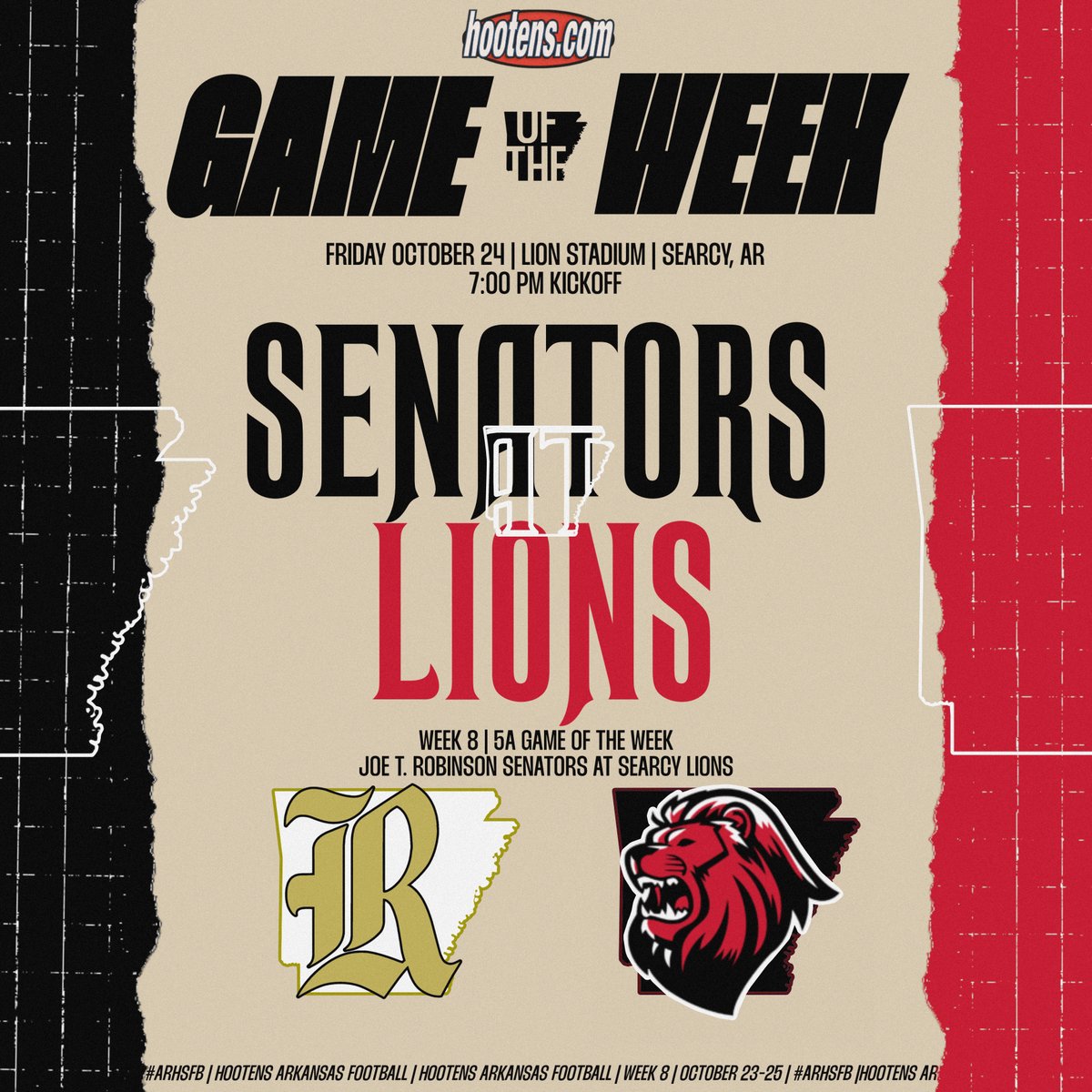 HootensARFootball (@hootensarfball) on Twitter photo Hooten’s 5A Game of the Week | #1 Joe T. Robinson (7-0, 4-0) at #5 Searcy (7-0, 4-0)
The winner plays Maumelle for the conference title: hootens.com/class-5a-week-… Hooten’s 5A Game of the Week | #1 Joe T. Robinson (7-0, 4-0) at #5 Searcy (7-0, 4-0)
The winner plays Maumelle for the conference title: hootens.com/class-5a-week-…