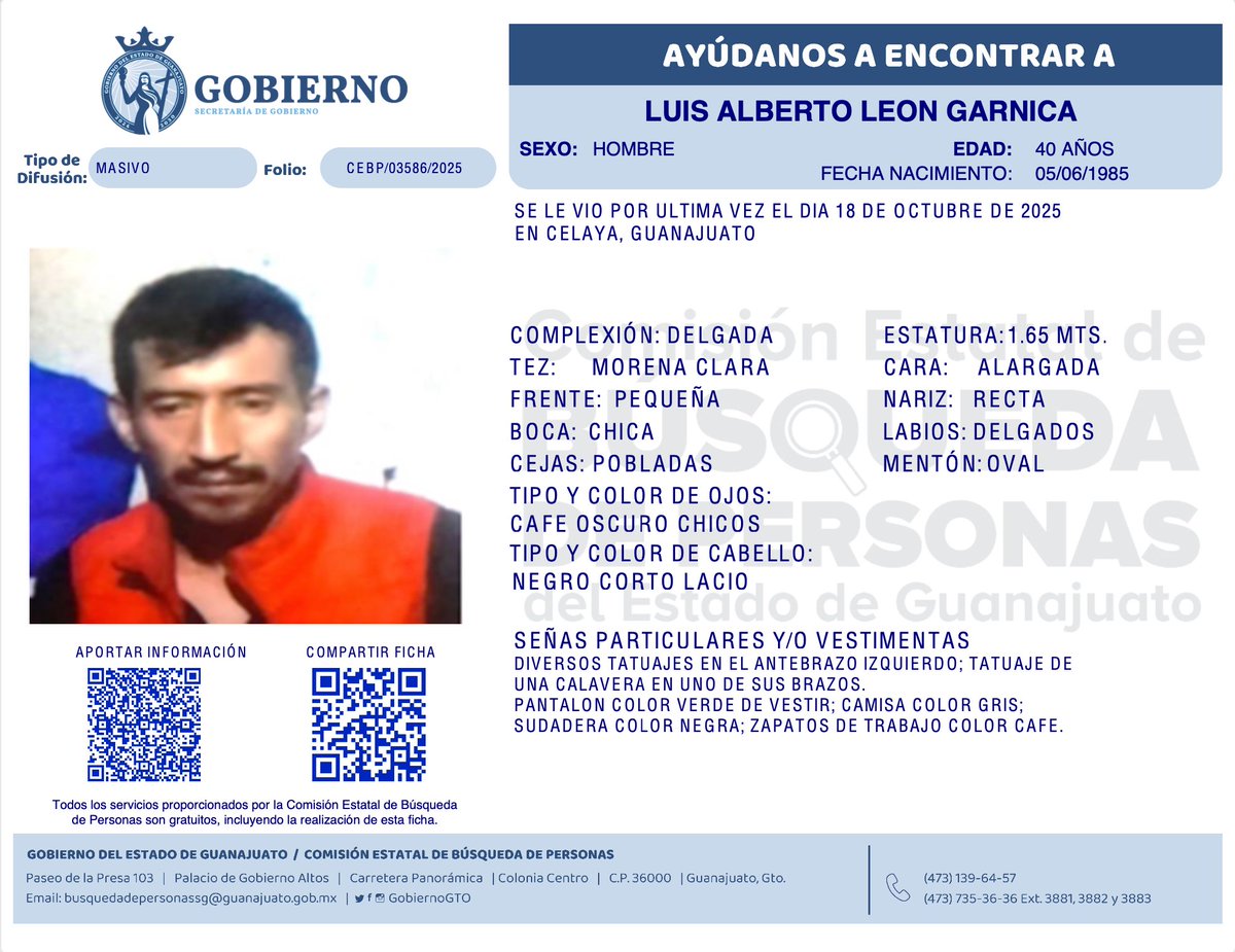 👤 ¿Has visto a Luis Alberto León Garnica?

🗓️📍 Se le vio por última vez el 18 de octubre de 2025 en #Celaya, #Guanajuato.

Si tienes información escríbenos por WhatsApp:
🔸bit.ly/3WZe2VR 🔸473-139-6457

X: <a href="/BusquedaGto/">BusquedaGto</a>