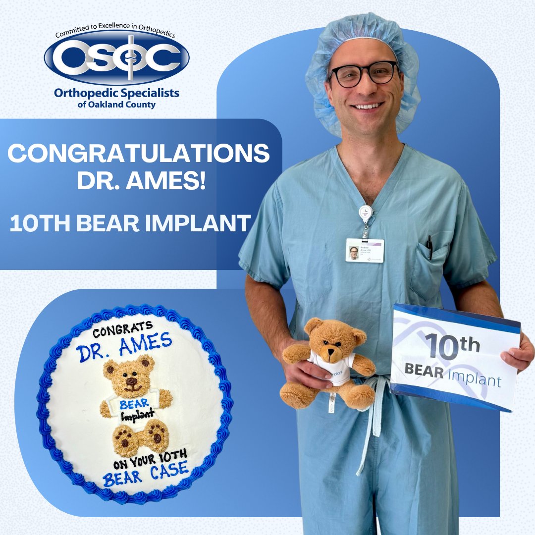 🎉 Congratulations to Dr. Ames on completing his 10th BEAR Implant procedure! 🧸
 This groundbreaking medical advancement is the first to help the body heal its own torn ACL. We’re proud to see innovation and patient care come together right here at OSOC!