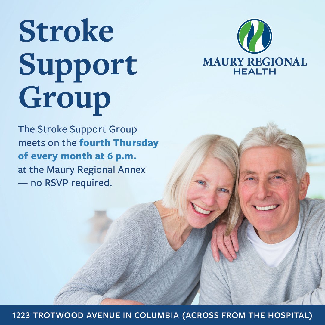 The Stroke Support Group meets on the fourth Thursday of every month (10/23) at 6:00 p.m. at the Maury Regional Annex in Columbia. Caregivers are also welcome.

For more information about Maury Regional Health's support groups, please visit MauryRegional.com/Calendar.