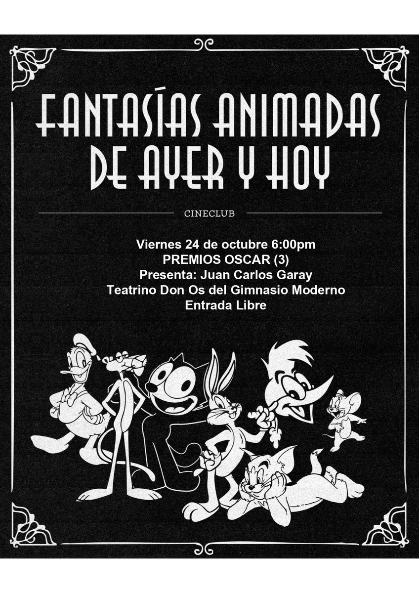 Más detalles de lo que veremos este viernes: 2 películas de Mister Magoo, una "Breve historia de la música" por Disney y el debut de Speedy Gonzalez.
"Fantasías Animadas de Ayer y Hoy" este viernes 24 de octubre a las 6:00 pm. Teatrino Don Os del Gimnasio Moderno. Entrada Libre.