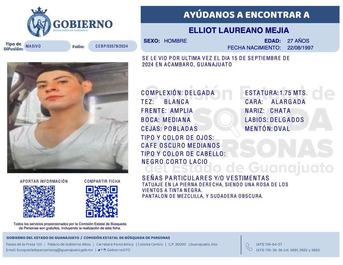 👤 ¿Has visto a Elliot Laureano Mejía?

🗓️📍 Se le vio por última vez el 15 de septiembre de 2024 en #Acámbaro, #Guanajuato.

Si tienes información escríbenos por WhatsApp:
🔸bit.ly/3WZe2VR 🔸473-139-6457

X: <a href="/BusquedaGto/">BusquedaGto</a>