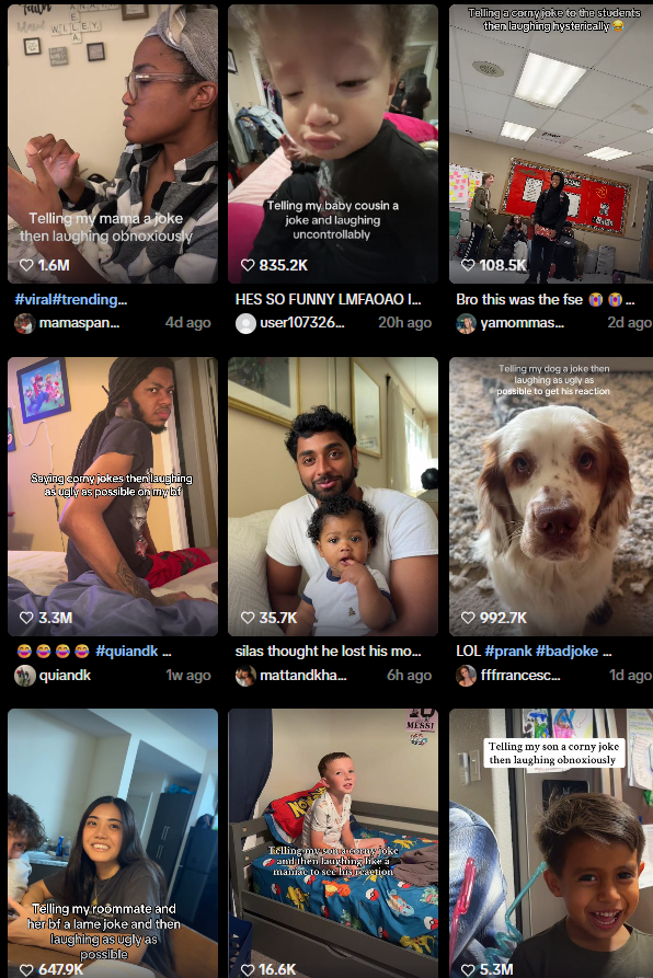 PeeBodySol's tweet photo. People are posting videos of themselves telling terrible jokes and laughing maniacally

The trend started with humans(below) but then moved to cats and dogs

Only a few days old, and already with thousands of posts and millions of likes, this is the next viral TKTK trend.

 $JOKE 
(all videos with trend(cats,dogs,humans) : https://t.co/LwaXcaThCD