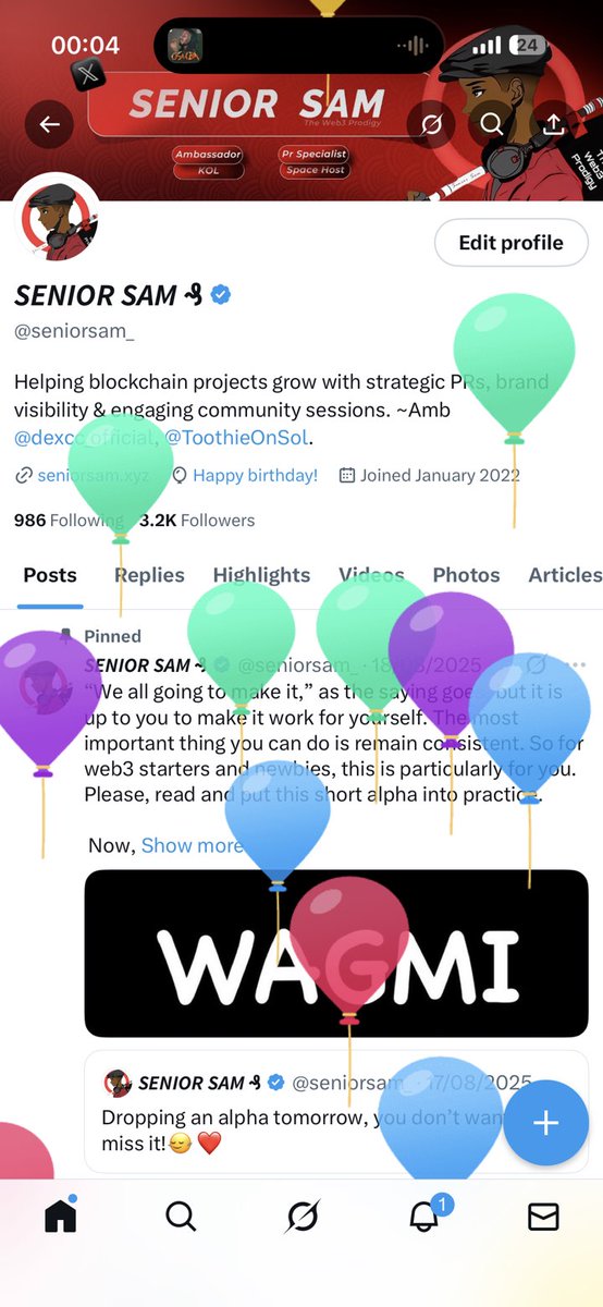 seniorsam_'s tweet image. Guess what CT, It's Senior Sam O' Clock!🎉
X just dropped balloons on me🎈
Another year older, still bullish on life and the charts.
Grateful for growth, both on-chain and off.