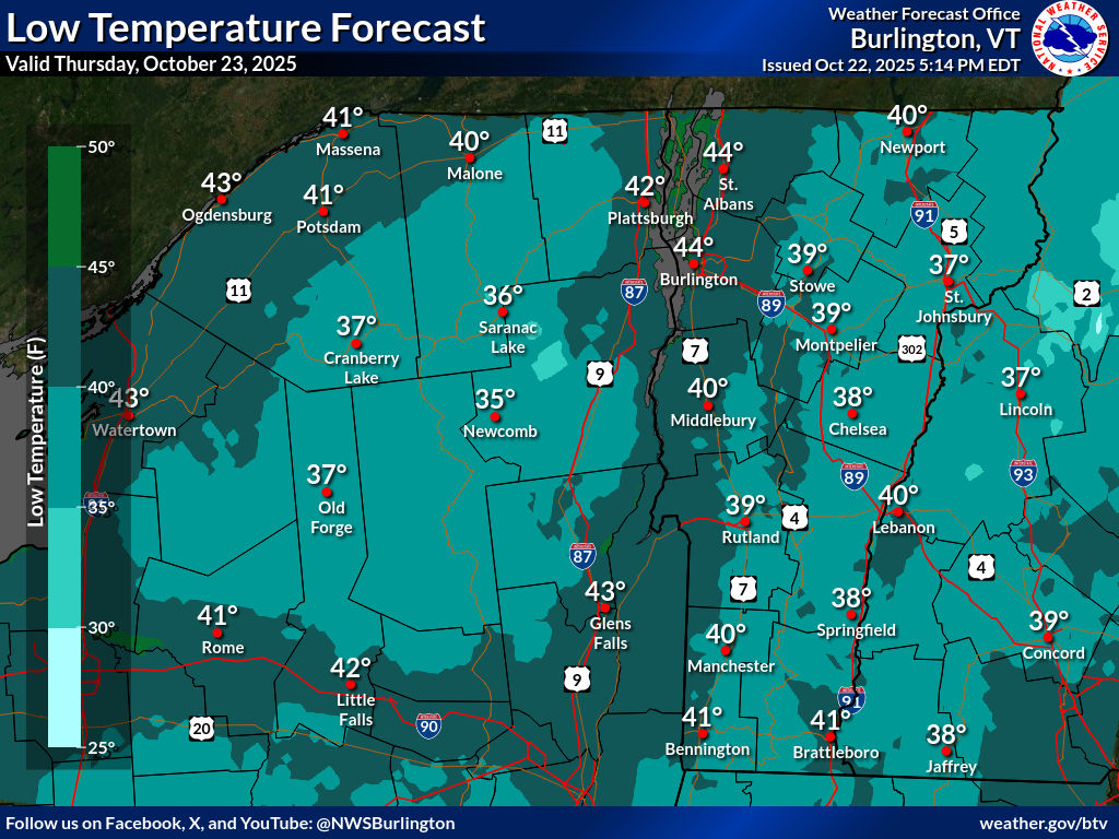Isolated to scattered showers will continue overnight, mainly in areas east/northeast of Lake Ontario as cool air flows over the relatively warmer waters. Otherwise, we expect variably cloudy skies with lows in the mid 30s to mid 40s.