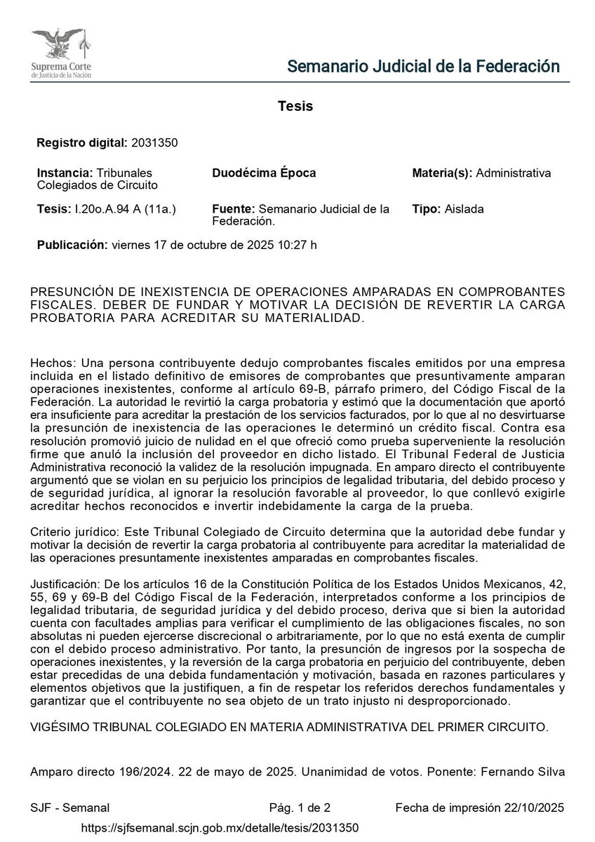 👀 ⚖️ El #TCC determina que la reversión de la carga probatoria por operaciones inexistentes debe estar debidamente fundada y motivada. No basta la simple presunción del art. 69-B #CFF . #DerechoFiscal #SCJN