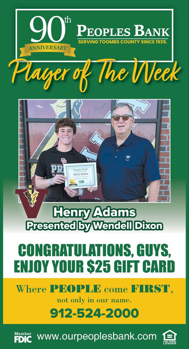 FootballVidalia's tweet photo. Congratulations to Sophomore QB Henry Adams and Senior DB/RB Alton Boles for Peoples Bank Player of the Week! #RepTheV #VOnTop https://t.co/HSVoqv3jR4
