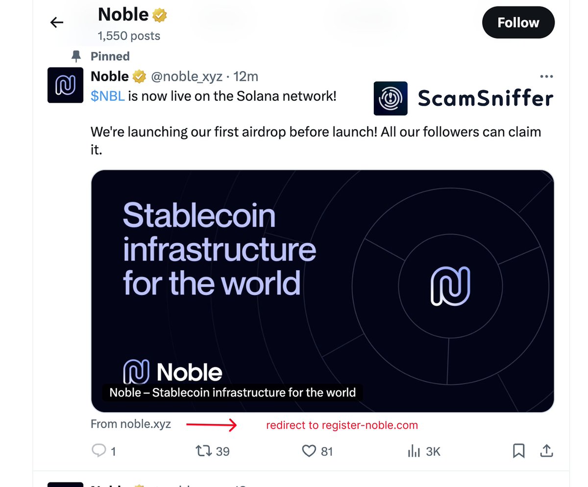 🚨 The @noble_xyz X account has been compromised and shared phishing  tweets. Please stay vigilant! ⚠️