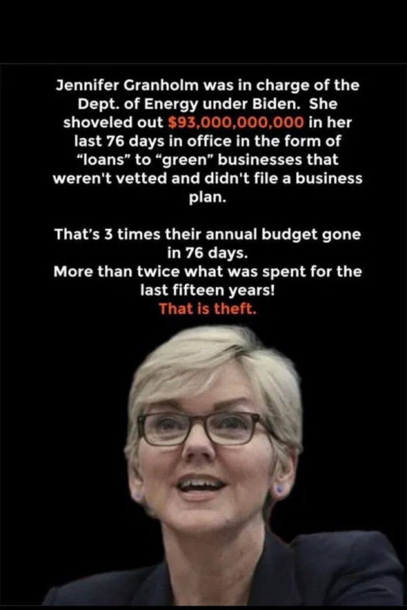 CRRJA5's tweet image. I’m not letting this go.
Why is Congress not investigating this ?
💥It’s Thievery.
Jennifer Granholm was in charge of the Dept. of Energy under Biden. She shoveled out $93,000,000,000 in her last 76 days in office in the form of
"loans" to "green" businesses that weren't vetted…
