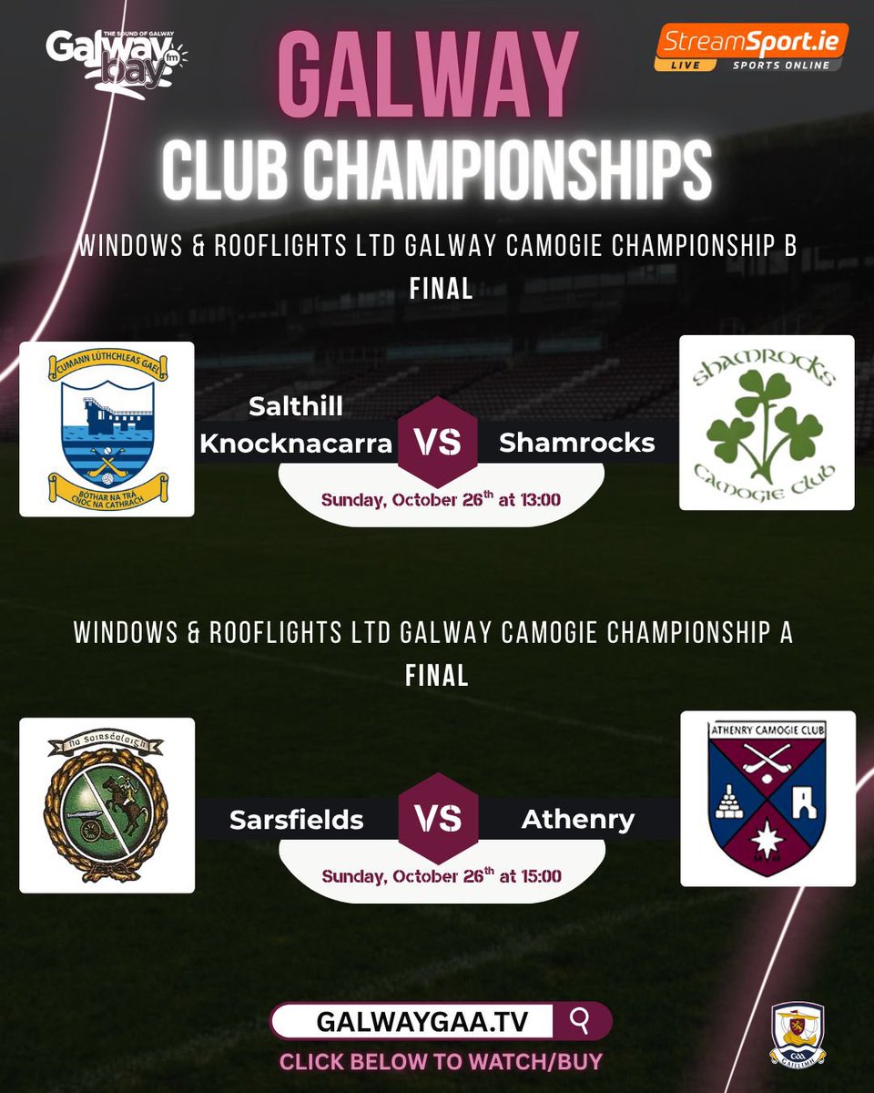 StreamsportI's tweet image. 📣 GALWAY CAMOGIE FINALS LIVE! 

📺 We’ve got 2️⃣ cracking senior club championship finals live on Galway GAA TV this Sunday! 

⏰ @skgaa v @shamrockscamog1 in the Senior B Final at 1pm

⏰ @SarsfieldsCC v @AthenryCamogie in the Senior A Final at 3pm

🔗 You can buy/watch the…