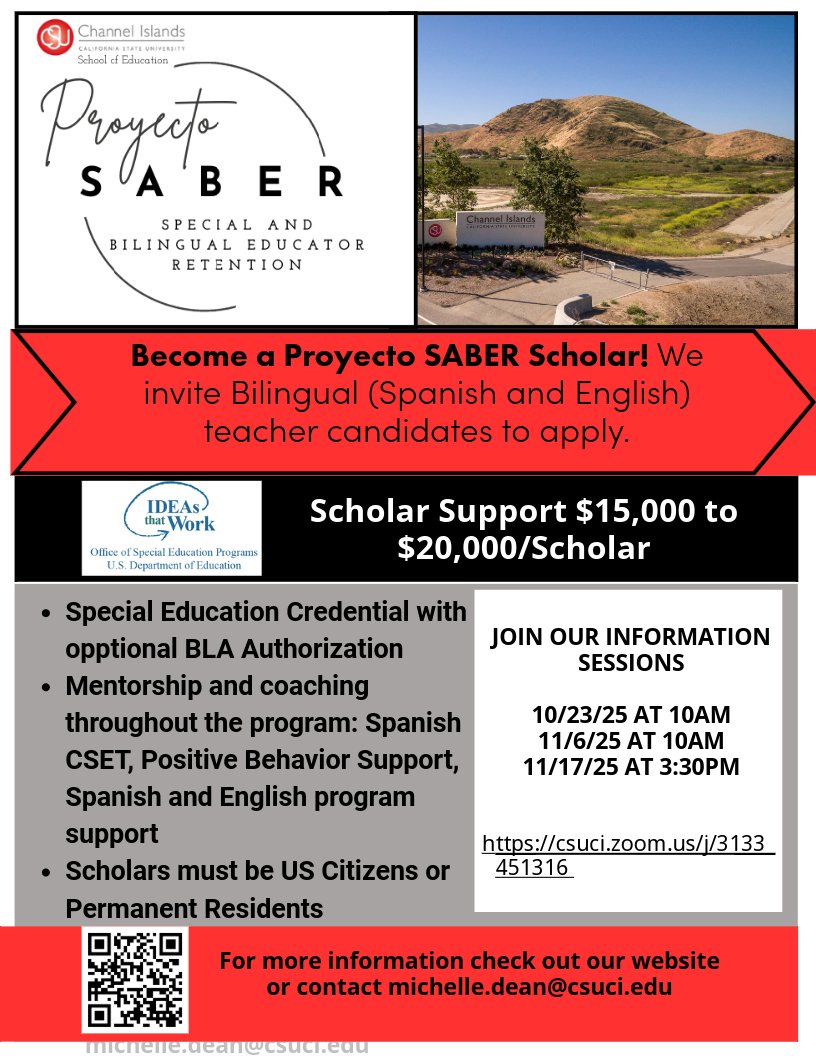 Are you a bilingual teacher candidate passionate about making an impact in education? Become a Proyecto SABER Scholar! Join our upcoming info session on October 23 at 10am 
📅 Join us at our info session!
🔗csuci.zoom.us/j/3133451316
#bilingual #specialedcredential #ProyectorSaber
