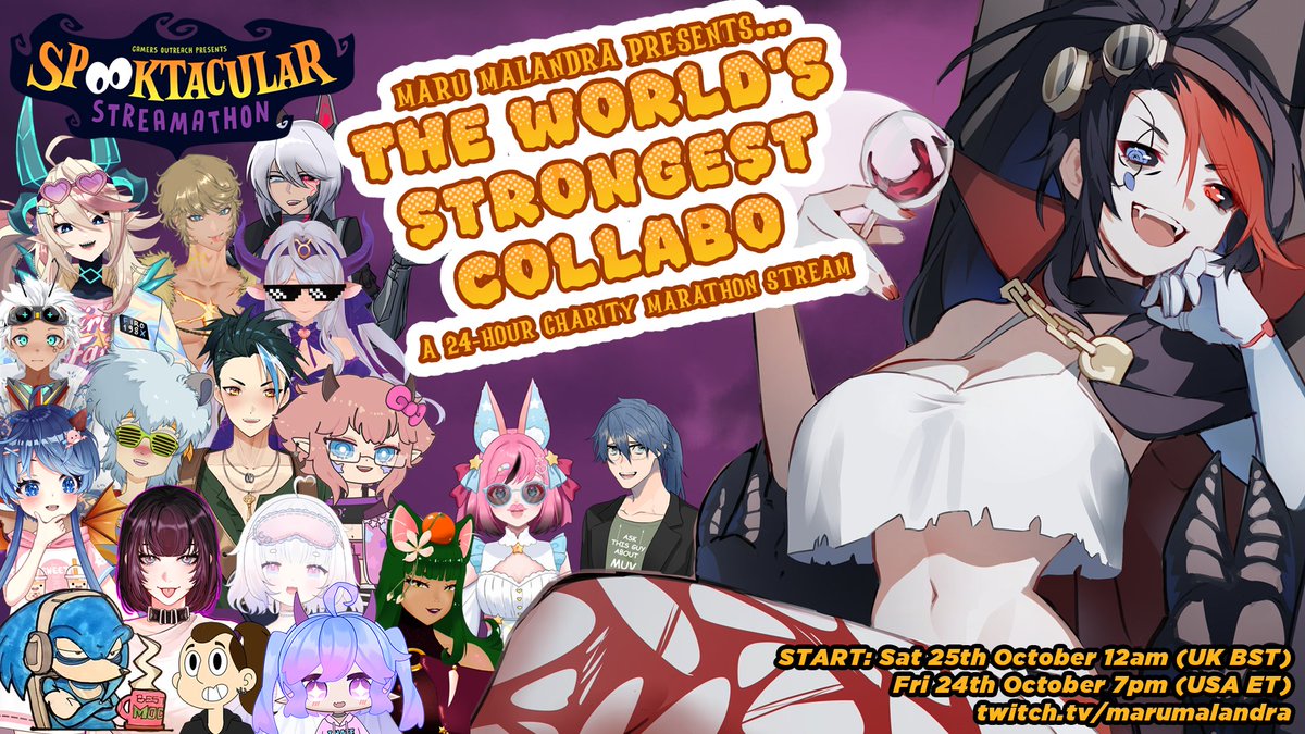 🎃PREPARE YOURSELF!🎃

Join me this weekend for 𝙏𝙃𝙀 𝙒𝙊𝙍𝙇𝘿'𝙎 𝙎𝙏𝙍𝙊𝙉𝙂𝙀𝙎𝙏 𝘾𝙊𝙇𝙇𝘼𝘽𝙊 24-hour charity stream, part of Gamers Outreach SPOOKTACULAR STREAMATHON!

Games! Punishment Wheel! And LOTS OF VTUBERS!

see you then...👁️👁️

Check the image for start times⬇️