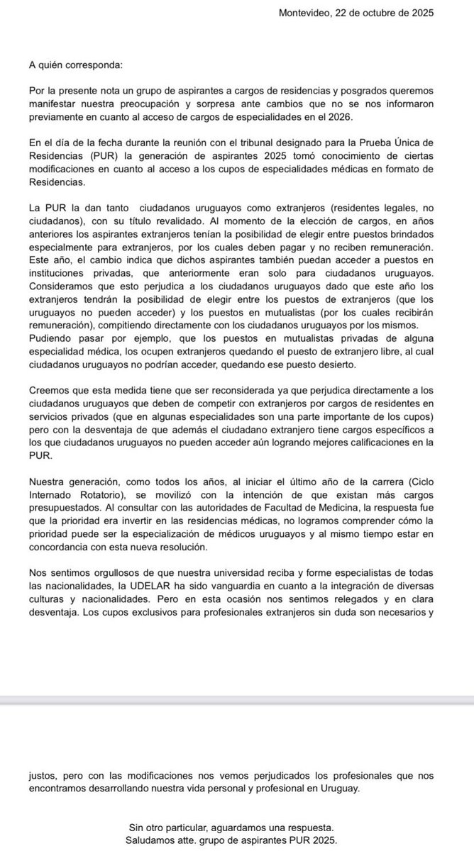Parece que los Médicos que van a hacer la prueba de residencia este año   van a tener menos cupos en el ámbito privado, por que van a competir con extranjeros (residentes legales no ciudadanos), quienes cuentan con cupos especiales a los cuales los uruguayos no pueden acceder.