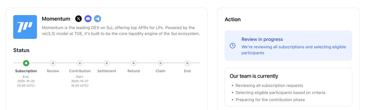 Don’t forget to subscribe to <a href="/MMTFinance/">MomentumⓂ️Ⓜ️T</a> before the subscription stage ends on <a href="/buidlpad/">Buidlpad Ⓜ️Ⓜ️T</a>. 

Contributions will begin on October 27, 2025, at 10:00 (UTC). 

Good luck, everyone!