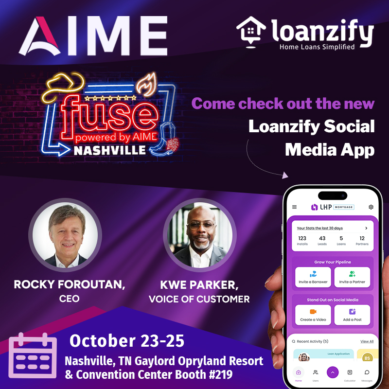 See you at AIME Fuse Nashville—Booth #219 (Oct 23–25, Gaylord Opryland).
Test-drive the Loanzify Social Media App for Realtor partnerships—create/post fast, co-brand, and drive referrals.
#AIME #Fuse #Loanzify #MortgageTech #LoanOfficer #LenderHomePage #LHP