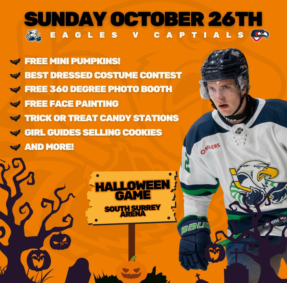 🎃 🏒 
Join our Eagles Halloween festivities this Sunday as your Eagles take on the Cowichan Capitals! 

👻  At the game this SUNDAY:
🦇 Free mini pumpkins - courtesy of Evergreen Herbs
🦇 Free Face painting from our friends @kidsplayfoundation 
🦇 360 degree photo booth (FREE-