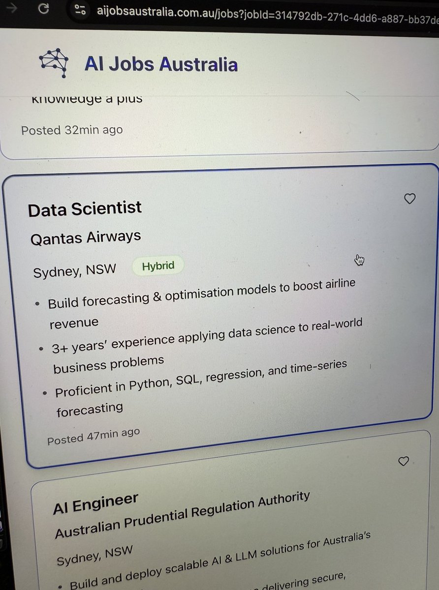 aijobsaustralia's tweet image. Qantas is hiring a Data Scientist to help optimise how their airline manages revenue. 

You’ll build models that influence how Qantas flies, earns, and grows. 

It&apos;s a hybrid role from their Mascot office that offers plenty of career growth

Details: aijobsaustralia.com.au