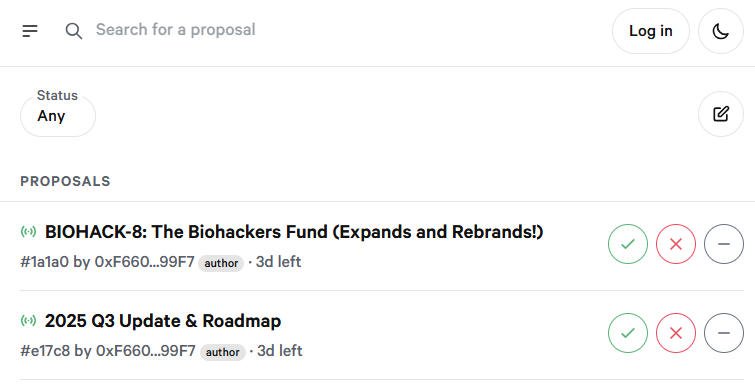bio_hacker_dao's tweet image. Two new governance proposals live.
1. Quarterly goals
2. Expand The Biohackers Fund
Vote now, on snapshot.
Let's. Make. Superhumans! ⚡🤖🩸