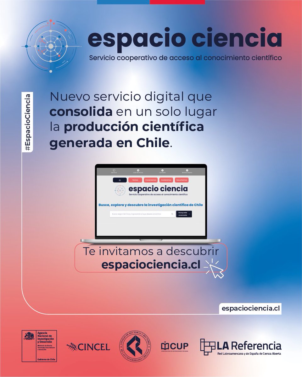 ANID_Abierta's tweet image. 🌐 #EspacioCiencia es el nodo nacional de acceso de Chile. Un servicio colaborativo que conecta y está a disposición de las personas. Esfuerzos mancomunados entre @anid_chile, @CRUCH_cl, @cupchile, @consorciocincel y @LAReferenciaAA.
🔗 Bienvenidos/as a espaciociencia.cl