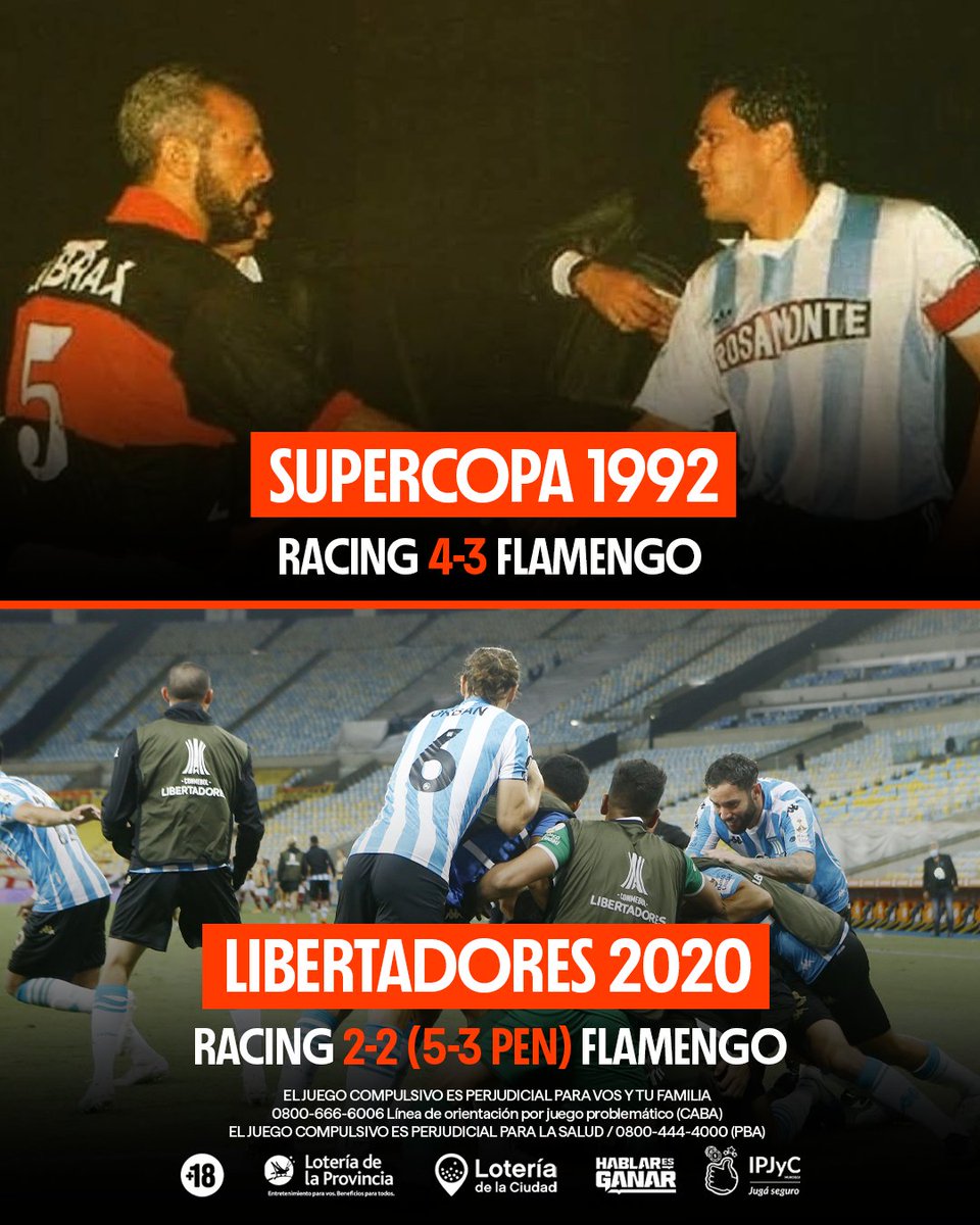 🗡️ Racing GANÓ LAS 2 SERIES donde se cruzó por mano a mano contra Flamengo. 🔴⚫️

Semifinales - Supercopa 1992: Pasó Racing ✅
Octavos - Libertadores 2020: Pasó Racing ✅

¿Podrá volver a hacerlo esta noche en el Maracaná?