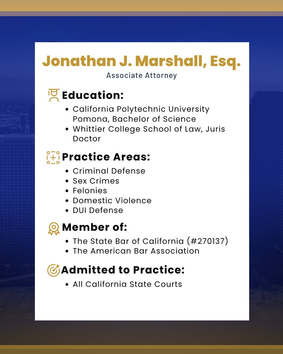 wklaw's tweet image. Meet Attorney Jonathan J. Marshall, one of the dedicated criminal defense lawyers at Wallin & Klarich.
If you or someone you love is facing criminal charges, call 877-4-NO-JAIL or send us a DM for a free consultation.
#wklaw #attorney #introduction #meettheteam #criminaldefense