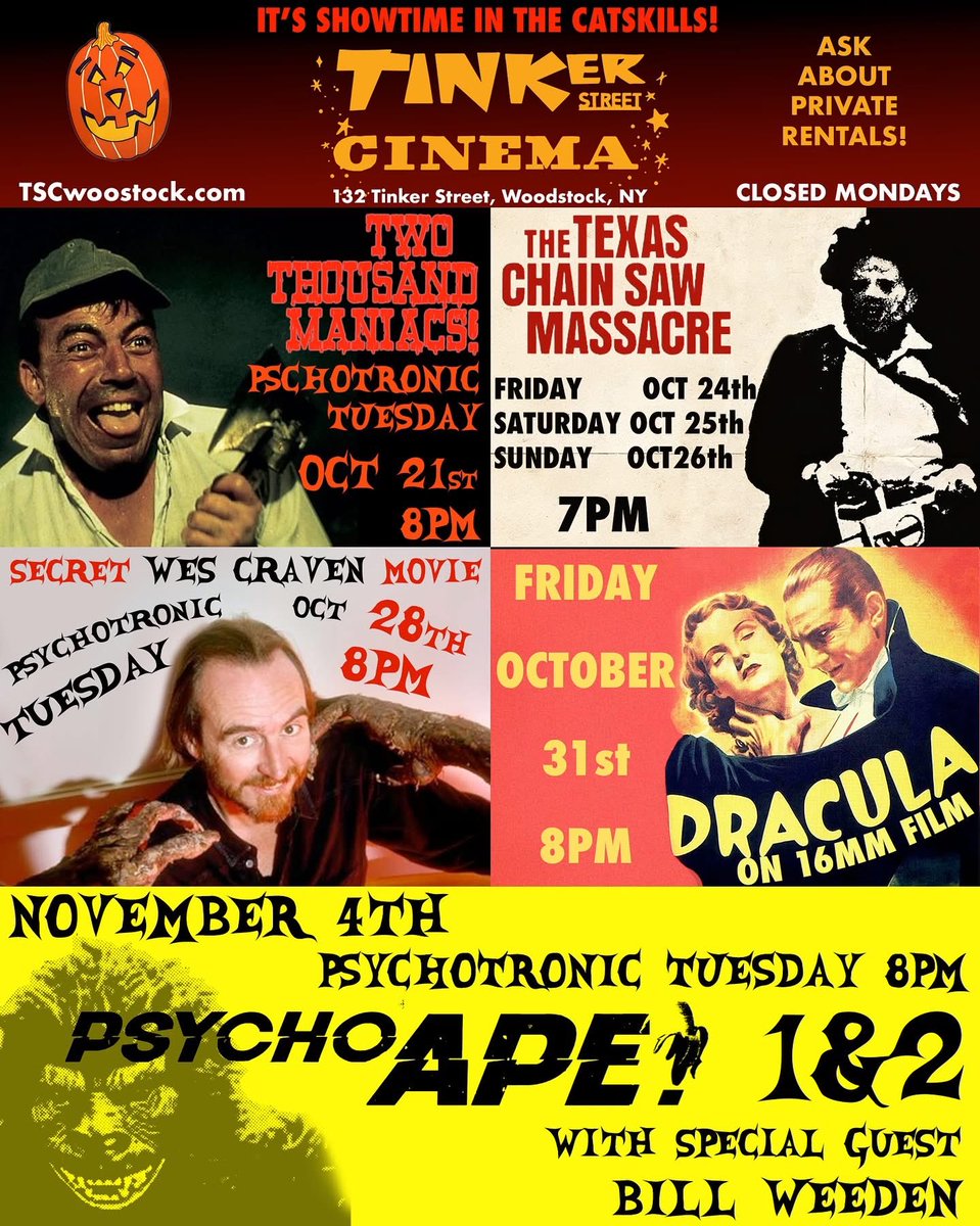 Good Evening, Horror Fiends!🦍 
See <a href="/Addison_Binek/">Addison Binek</a>’s PSYCO APE 1 &amp; 2 On The Big Screen!🍿🎟️ 
BILL WEEDEN in attendance!!🍌