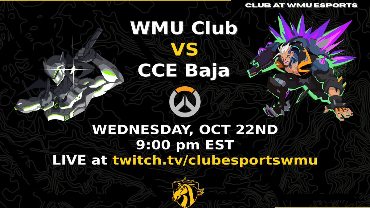 WMU Club vs CCE Baja!!
Come support the Club Overwatch team TONIGHT at 9:00PM EST!!  
It will be LIVE on twitch at twitch.tv/clubesportswmu !